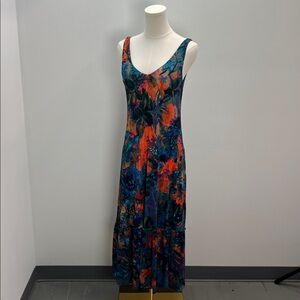 Peruvian Connection Aurora Dress Colbalt Blue Muticolor Floral Midi Small